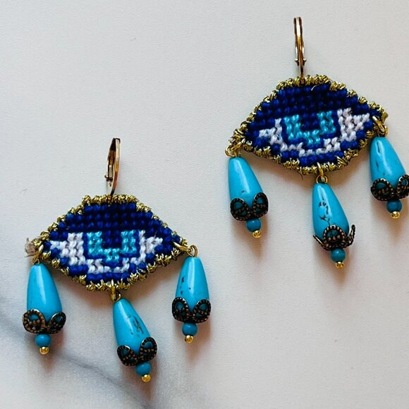 Ammos and Sea Cross Stitch Eye Amulet Earrings - Picture 3 of 4